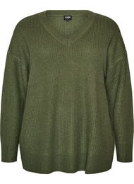 Lang ribbestrikket bluse med V-hals, Gr&oslash;nn