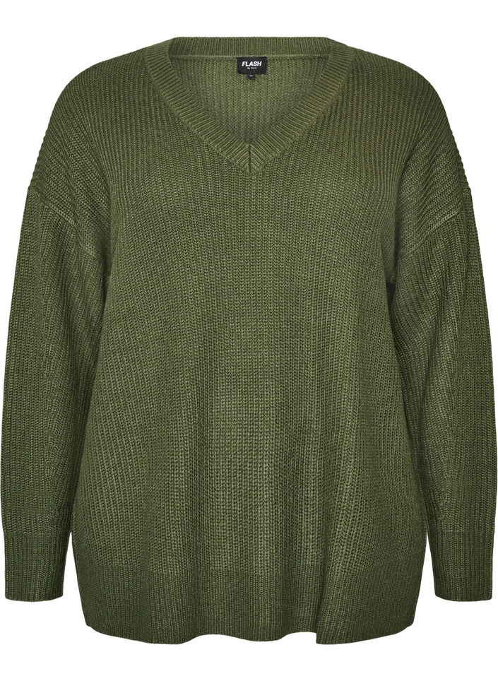 Lang ribbestrikket bluse med V-hals, Gr&oslash;nn, Packshot image number 0