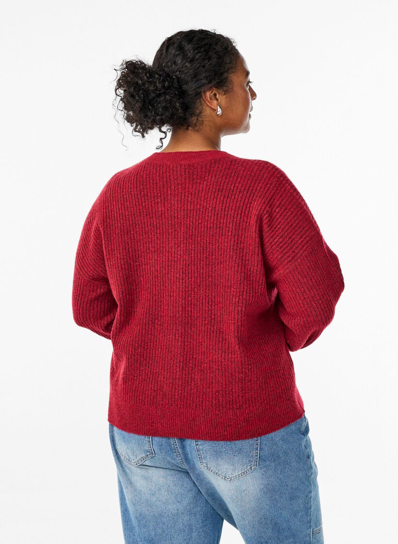 Ribbestrikket cardigan med knapper, R&oslash;d, Model image number 1
