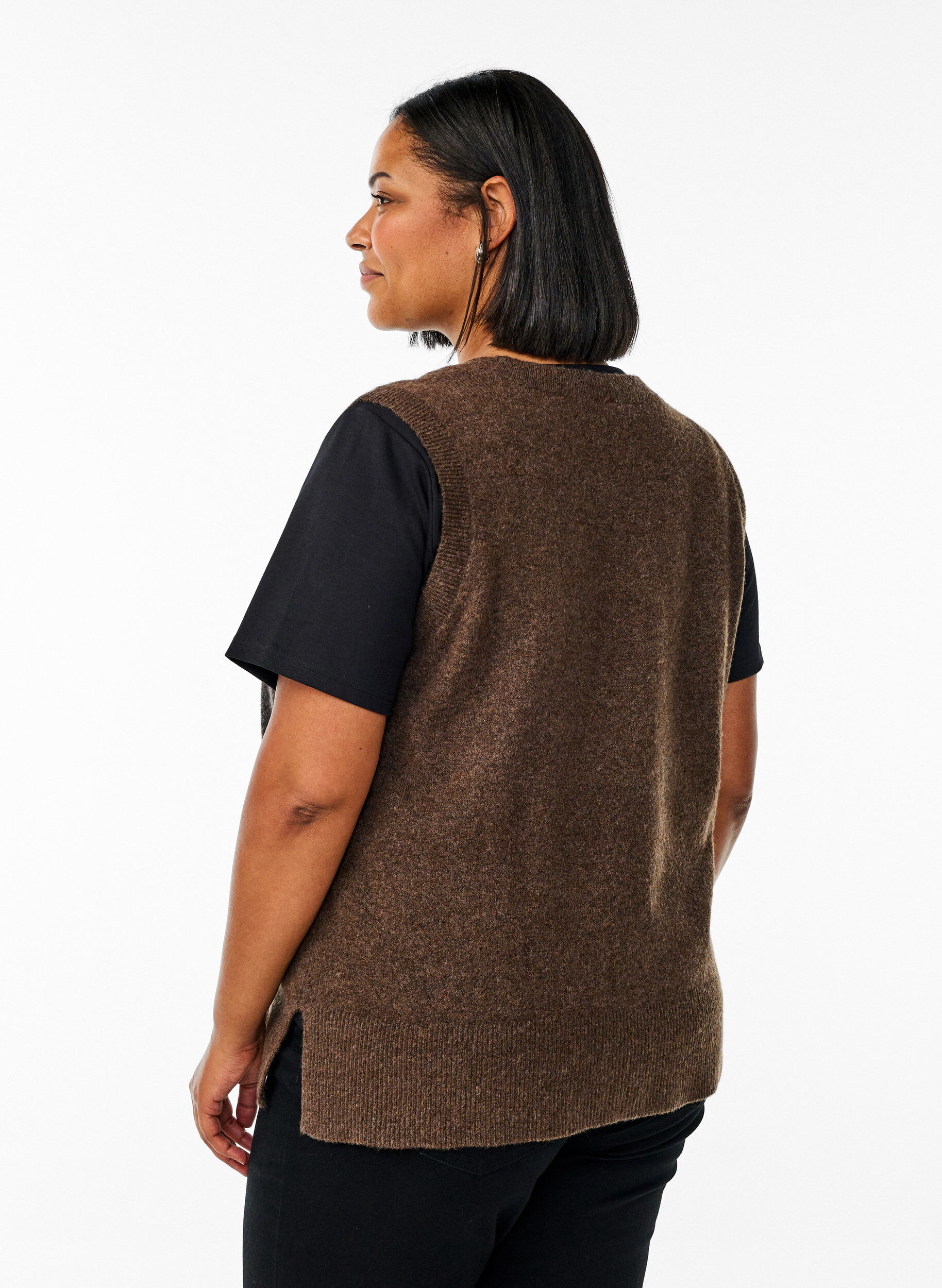 ZizziStrikket vest med ribbestrikkede kanter, Gr&oslash;nn, Model image number 2