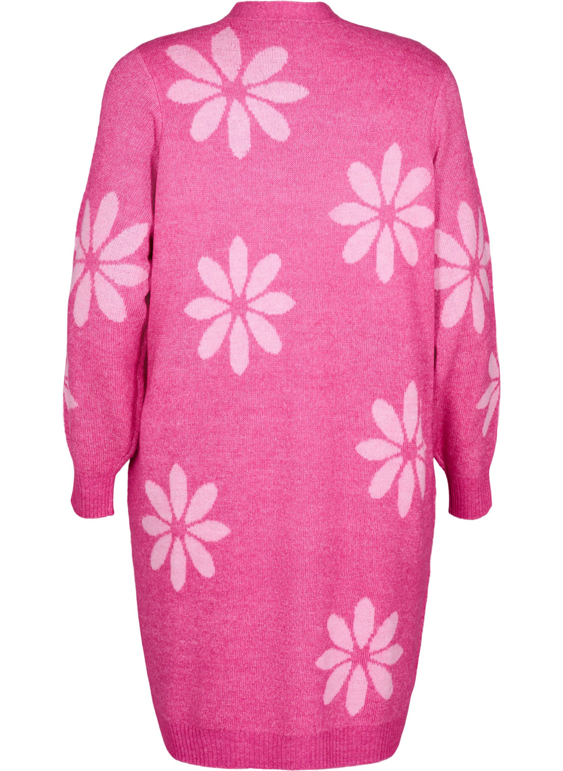 Zizzi Lang strikket cardigan med blomster, Raspberry Rose Comb, Packshot image number 1