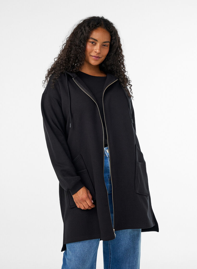 Lang hettegenser-cardigan med glidel&aring;s, Svart, Model image number 0