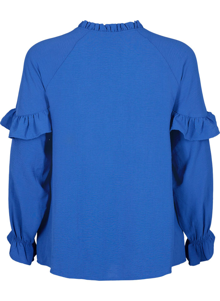 Bluse med volanger og knapper, Deep Ultramarine, Packshot image number 1