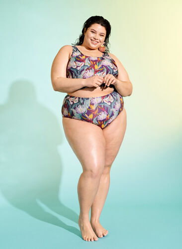 Bikinitruse med høyt liv og mønster, Deep Tropical Print, Image image number 0