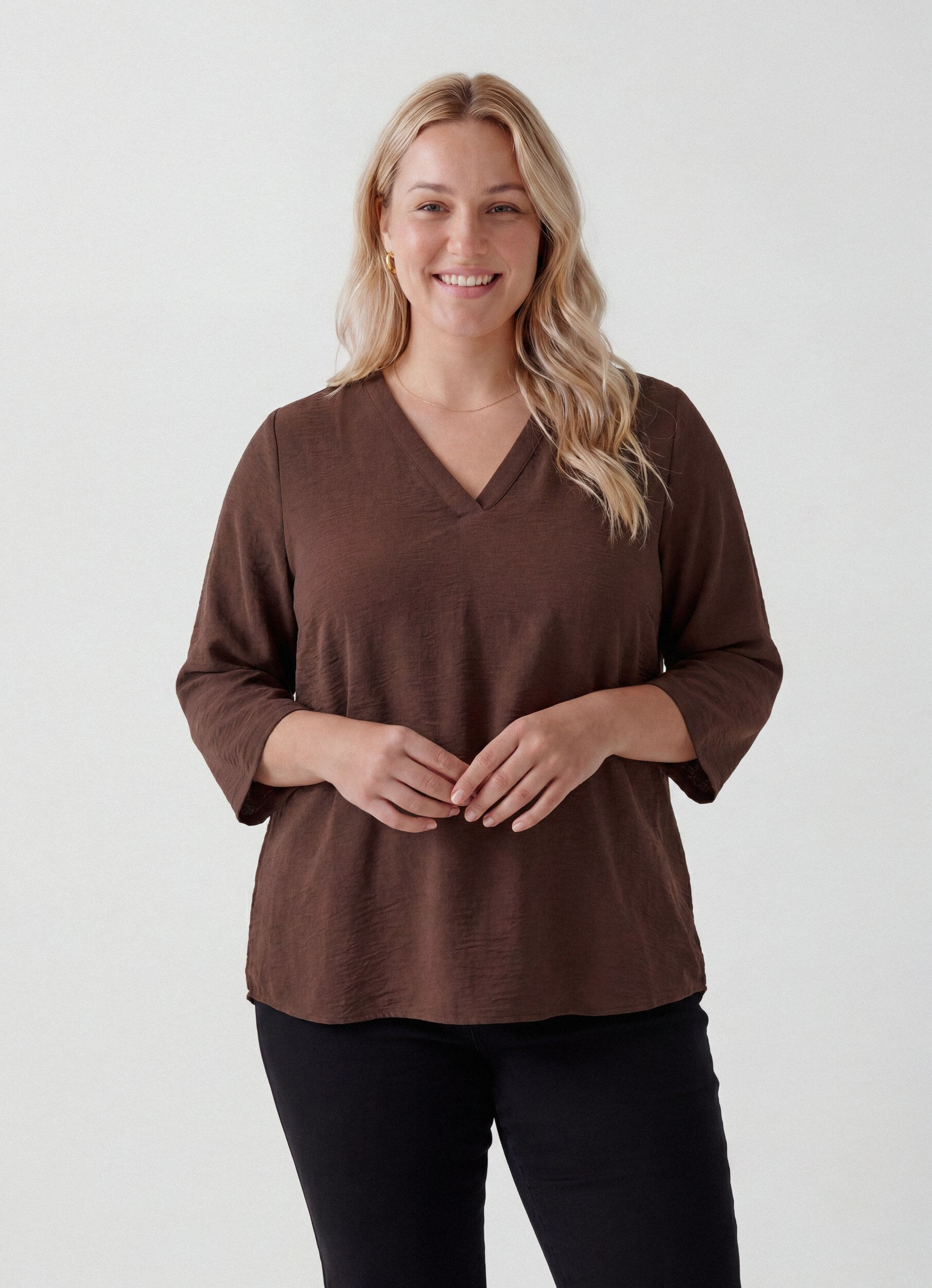 Bluse med 3/4 ermer, Brun, Model