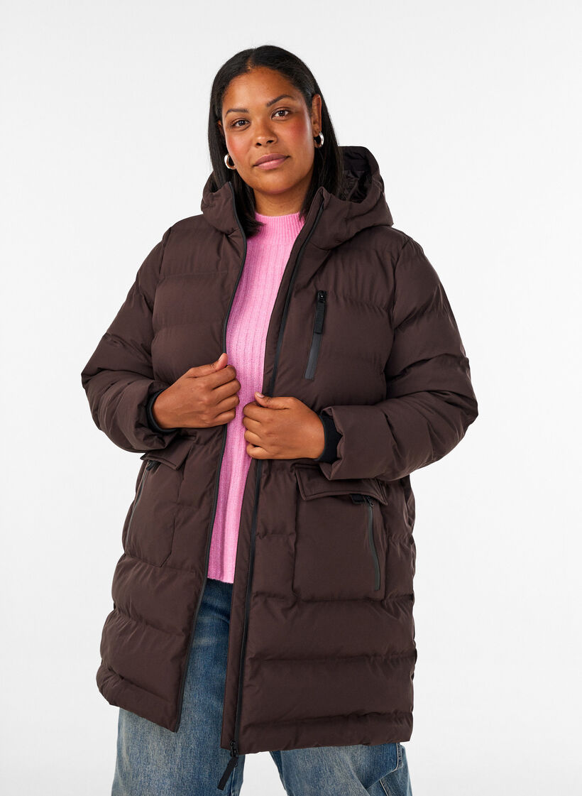 Pufferjakke med hette og lommer, Brun, Model image number 0