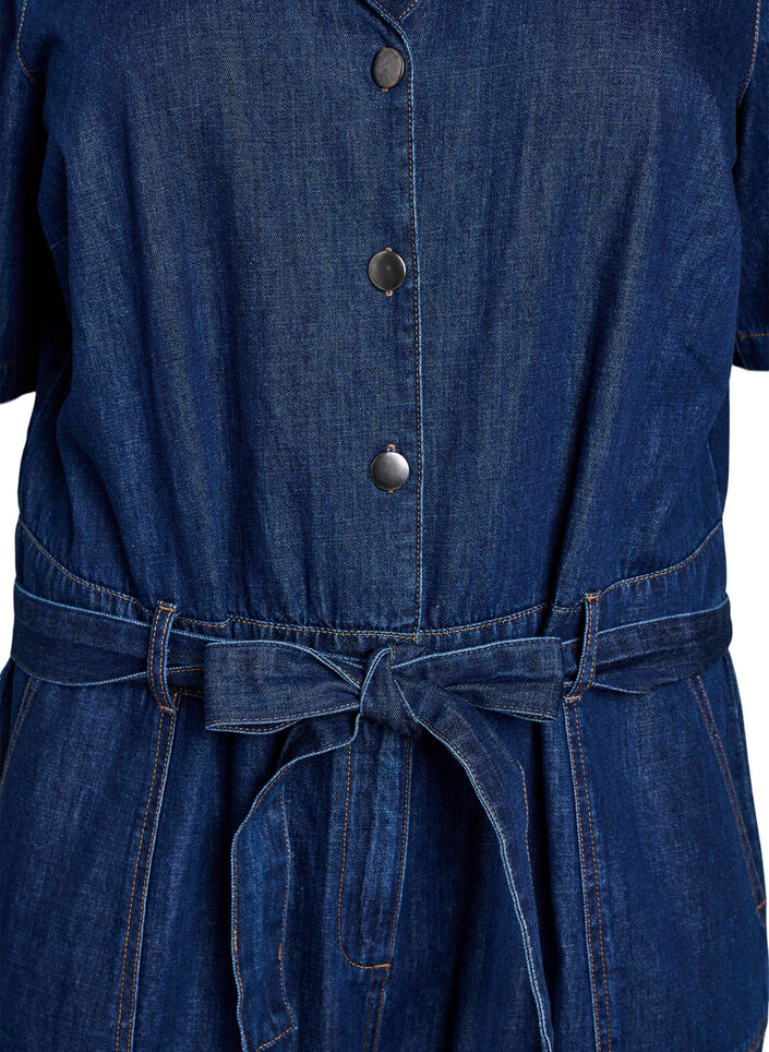 Denim jumpsuit med korte ermer og knytebelte, Bl&aring;, Packshot image number 2