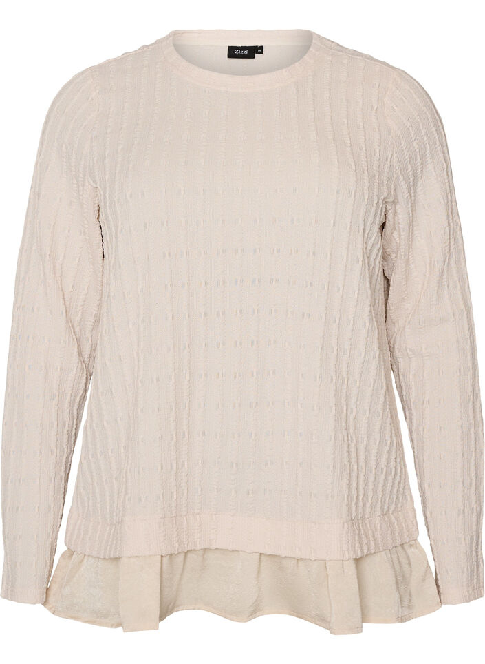 Bluse med struktur og volangkant, Vanilje, Packshot image number 0