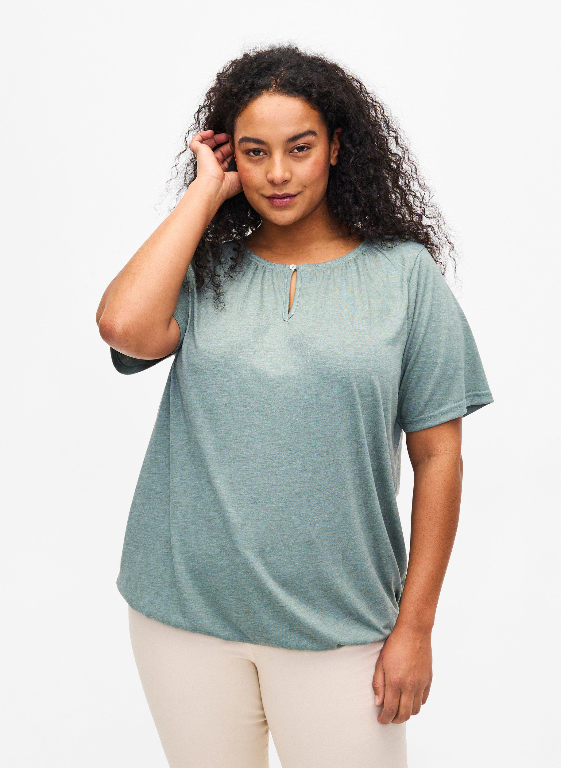 Zizzi Melange Bluse med korte ermer, Chinois Green Mel., Model image number 0