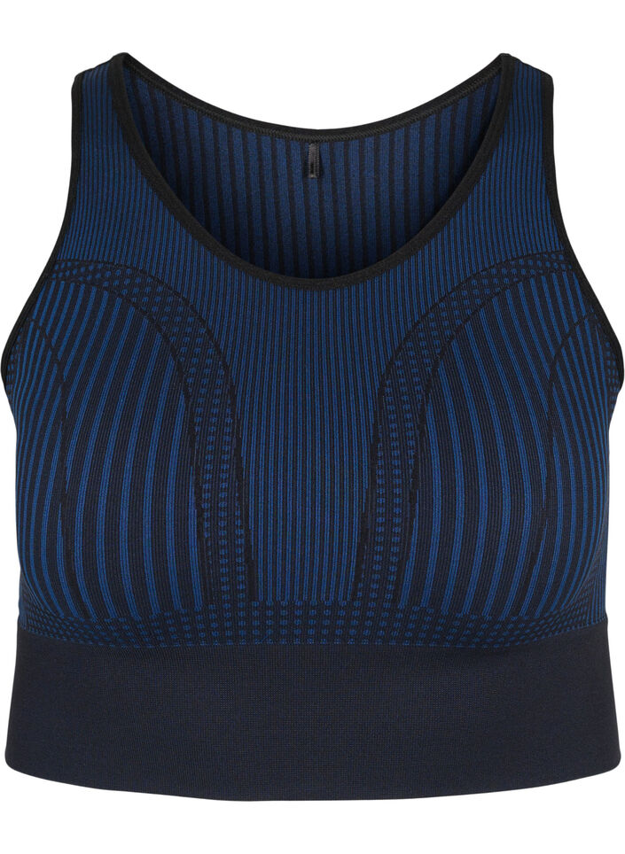 Sømløs sports-BH med striper, Black w. Blue Depths, Packshot image number 0