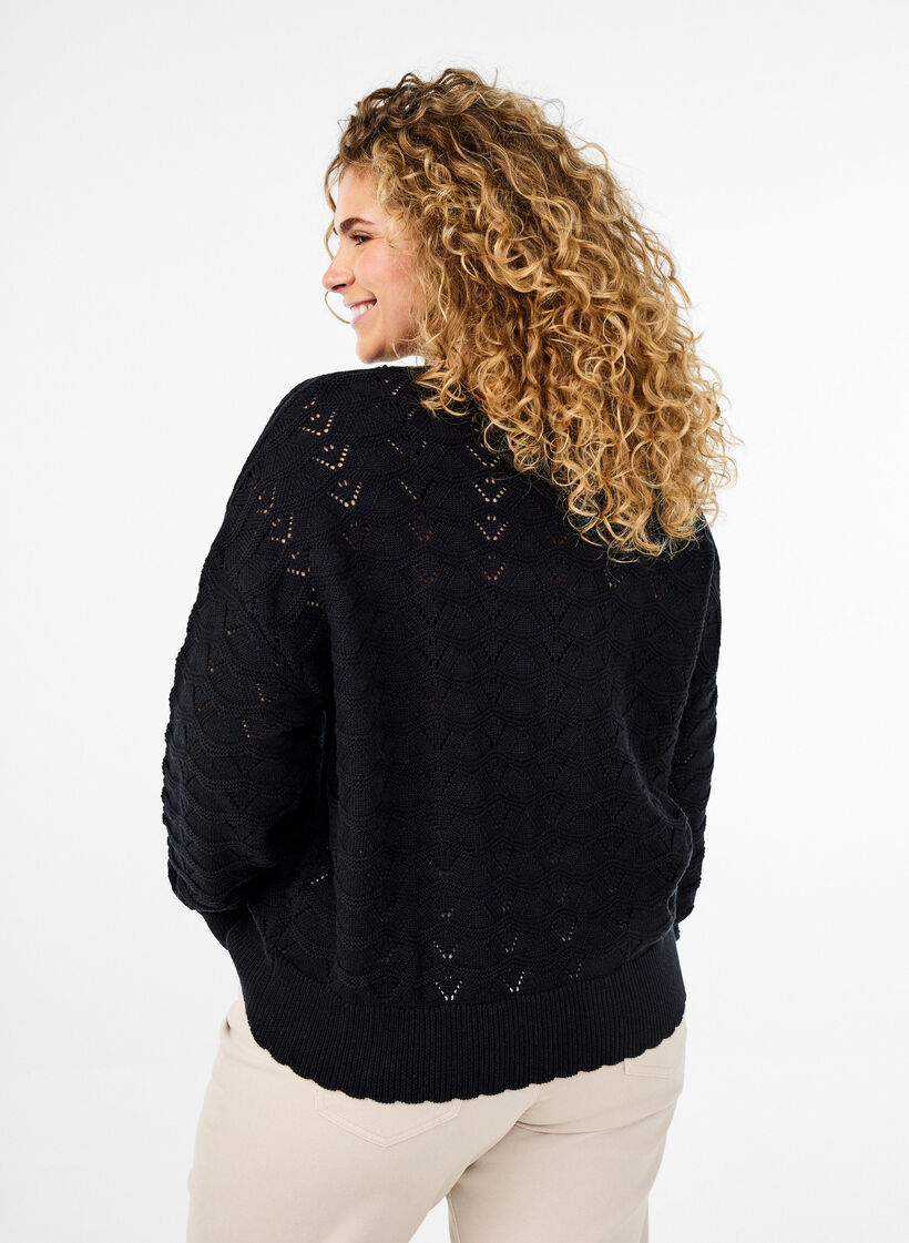 Langermet strikket bluse med et åpent mønster, Black, Model image number 1