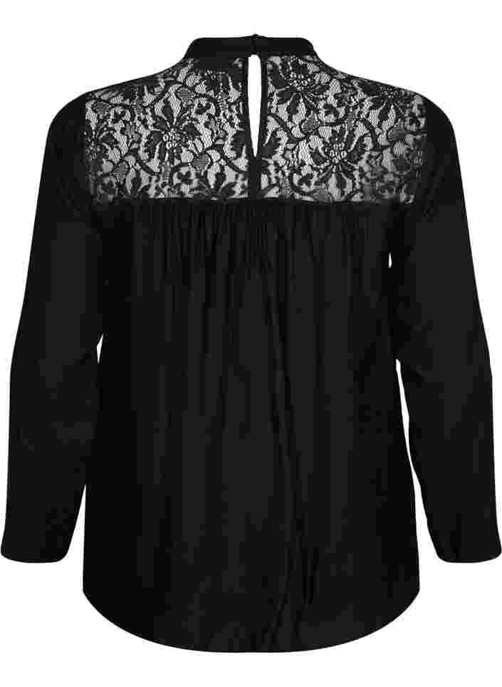 Langermet bluse i viskose med blonder, Black, Packshot image number 1