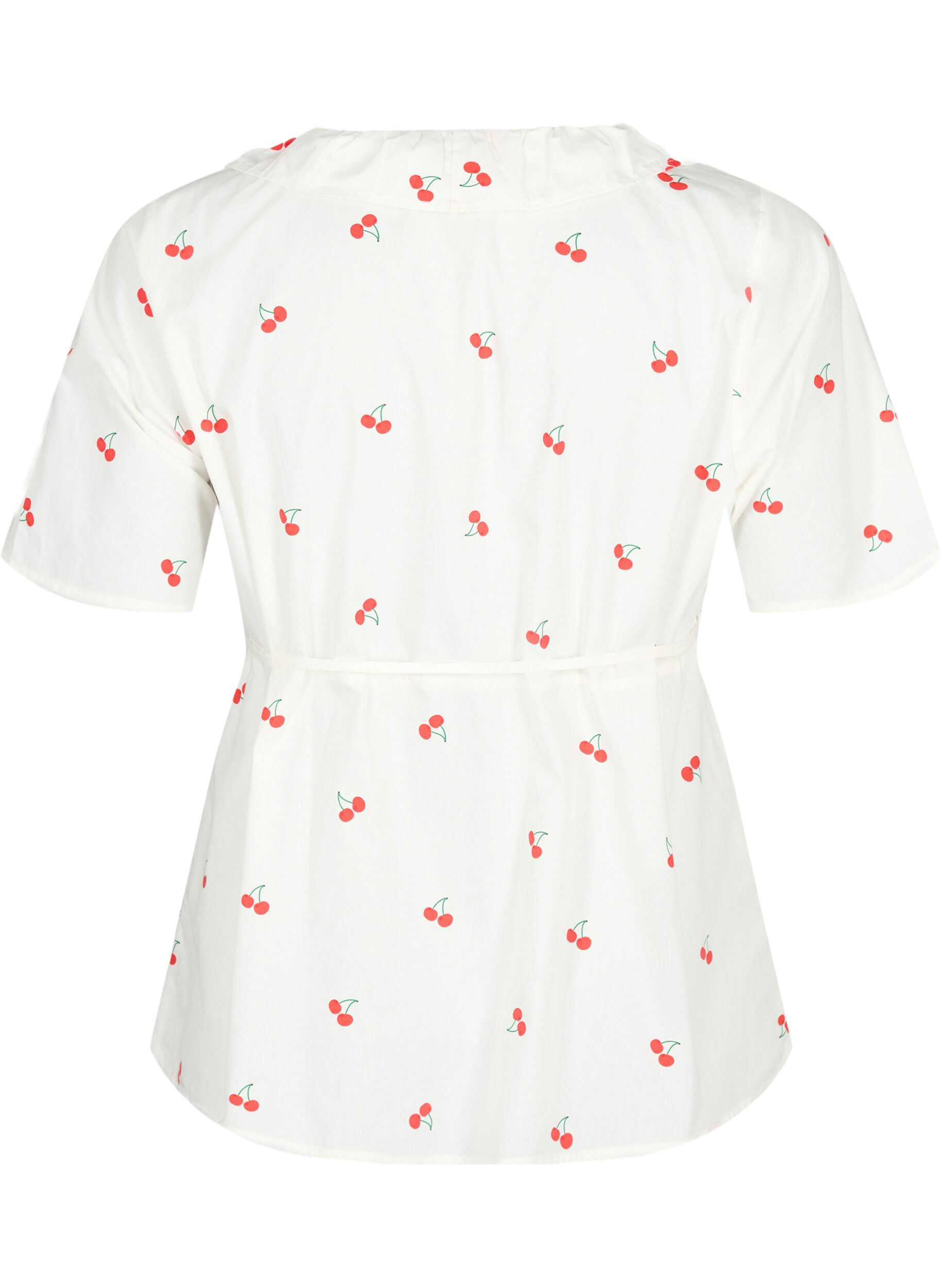 Zizzi Omslagsbluse med kirseb&aelig;rtrykk i bomull, B. White/Cherry, Packshot image number 1