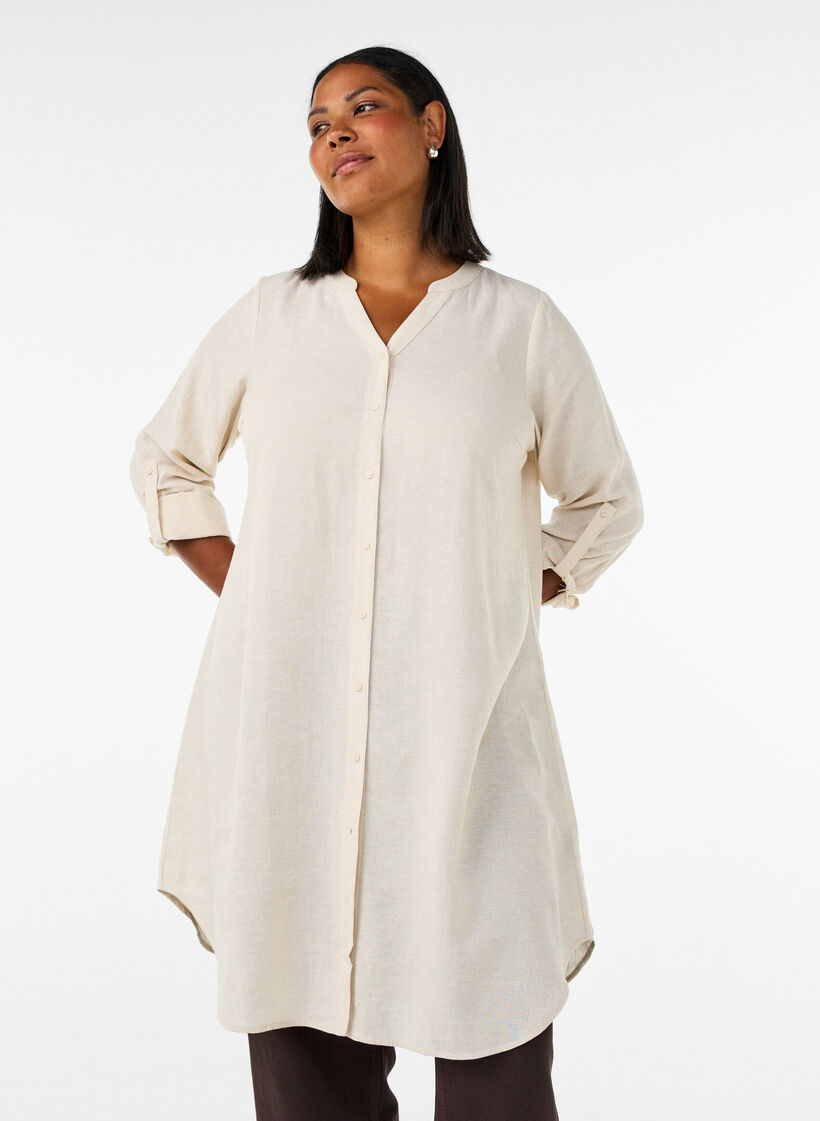 Lang skjorte i lin og viskose, Beige, Model image number 1