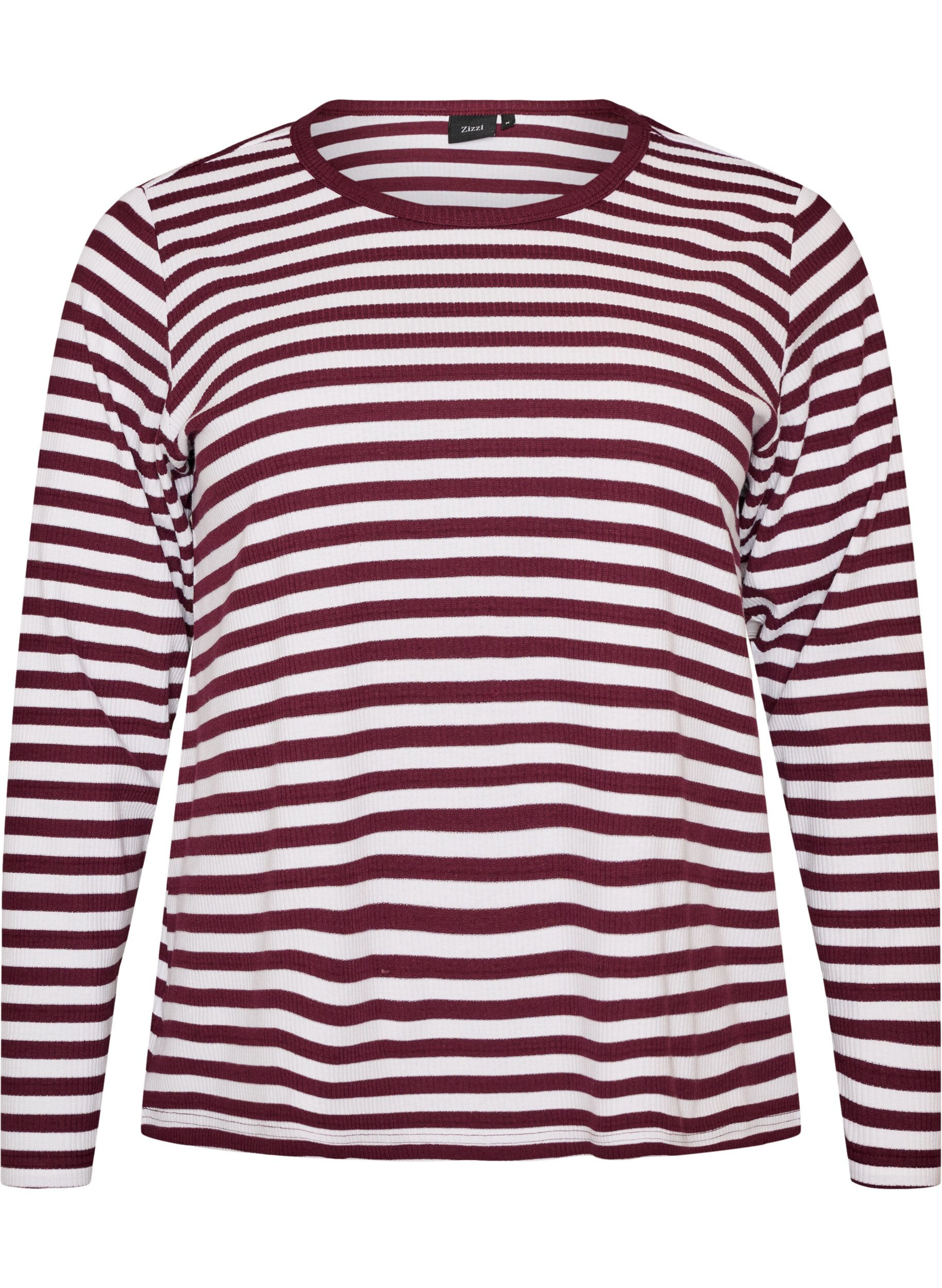 ZizziLangermet nattopp i ribbestrikket jersey med striper, R&oslash;d, Packshot image number 0