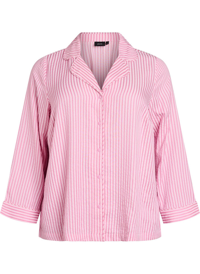 Seersucker pyjamas-skjorte med lange ermer, Rosa, Packshot image number 0