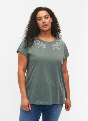 T-skjorte i Bomull med mønsterdetalj, Balsam Green Leaf, Model image number 0