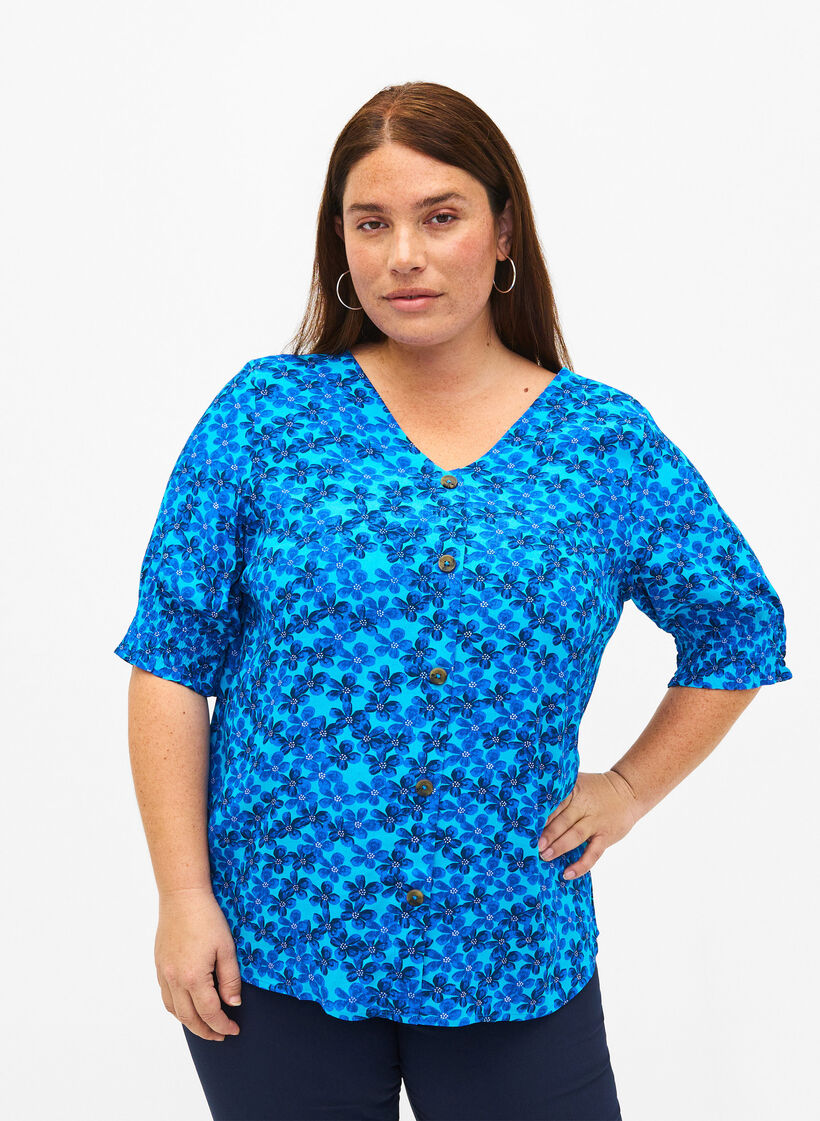 Bluse i viskose med knapper, Blue Small Flower, Model image number 0