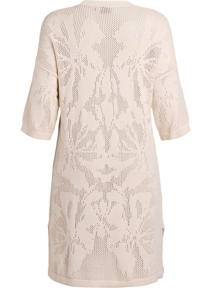 Strikket kjole med åpent mønster og 3/4 ermer, Beige, Packshot image number 1