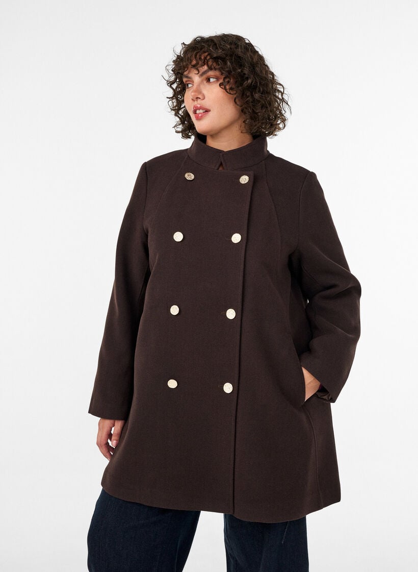 A-line k&aring;pe med gullknapper, Brun, Model image number 0