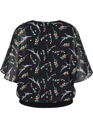 Bluse med blomstermønster og 3/4-ermer, Black AOP, Packshot image number 1