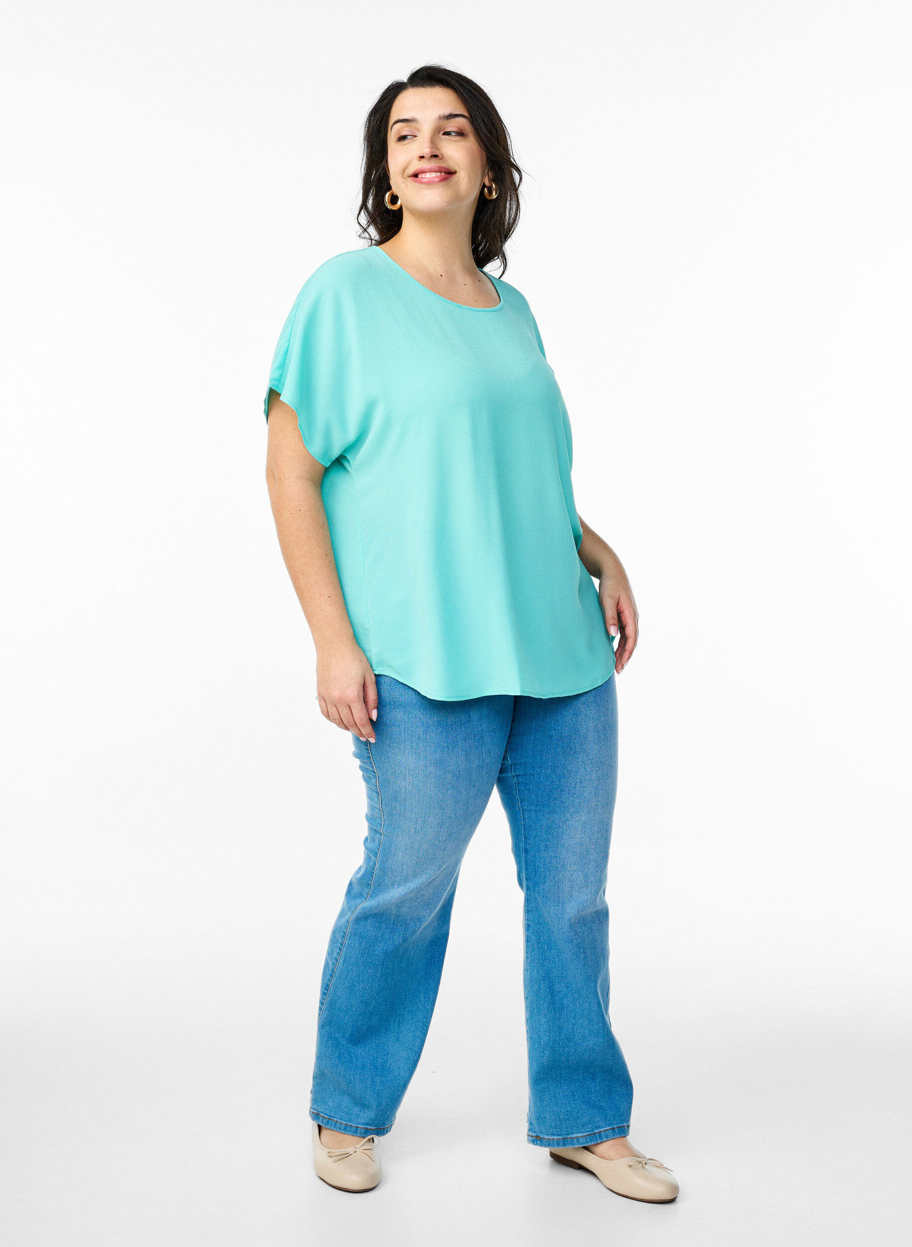 ZizziBluse med korte ermer og rund hals, Bl&aring;, Model image number 1
