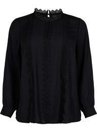 Langermet bluse med blonder, Black