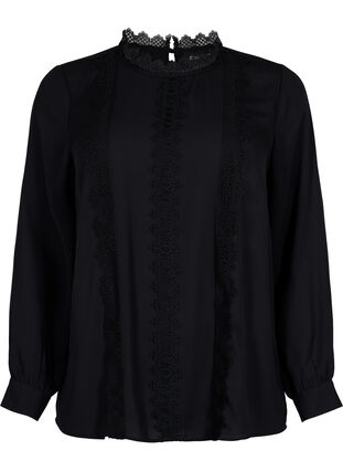 Langermet bluse med blonder, Black, Packshot image number 0