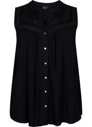 Ermeløs bluse i viskose med heklede detaljer, Black