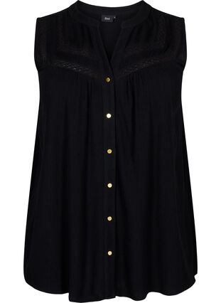 Ermeløs bluse i viskose med heklede detaljer, Black, Packshot image number 0