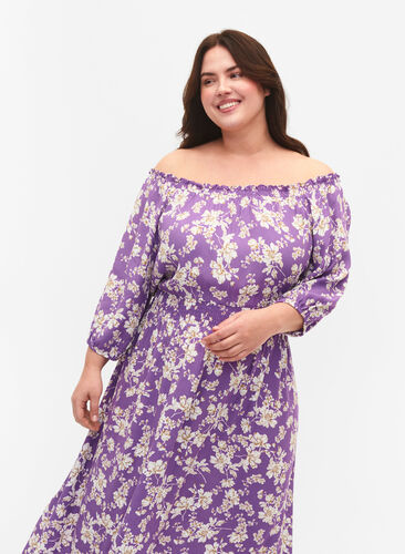 Blomstrete off-shoulder midi kjole i viskose, Purple Flower AOP, Model image number 1