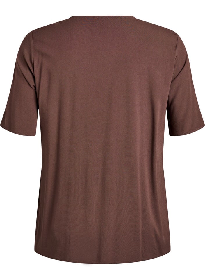 Vevet bluse med korte ermer og rund hals, Brun, Packshot image number 1