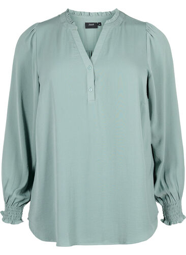 Bluse med vaffelsøm og v-utringning, Chinois Green, Packshot image number 0