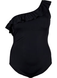 One-Shoulder badetøy med ruffle, Black, Packshot