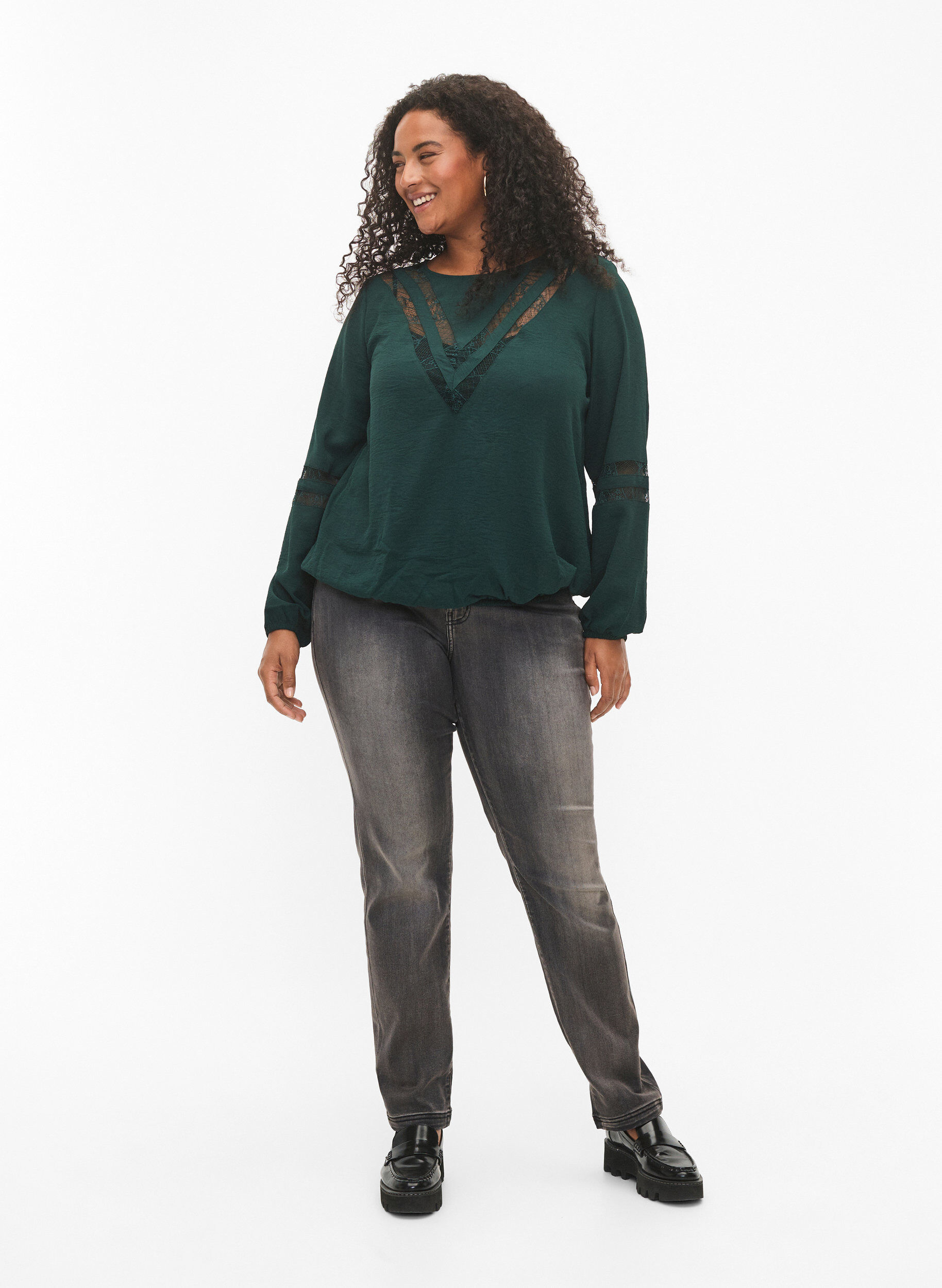 Zizzi Bluse med lange ermer og blonder, Scarab, Model image number 2