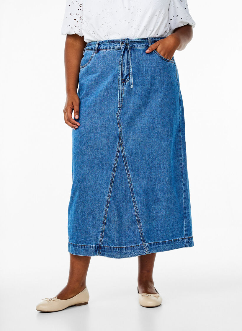 Denim maxiskjørt med knytebelte, Blue Denim, Model