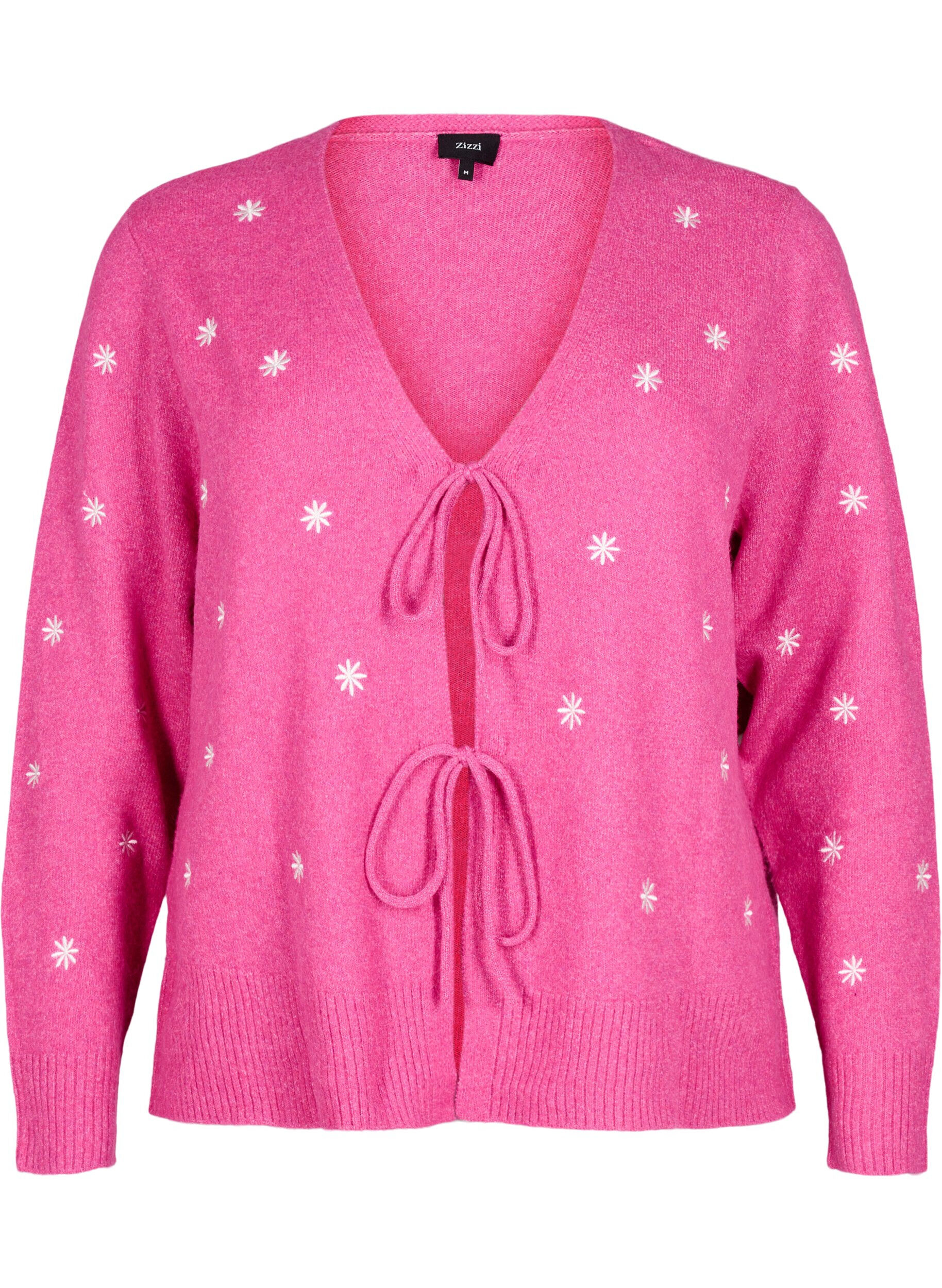 Zizzi Strikket cardigan med knytedetaljer og broderi, Raspberry Rose Comb, Packshot image number 0