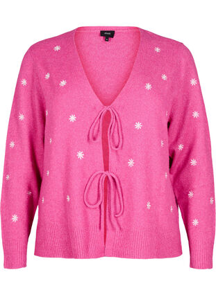 Zizzi Strikket cardigan med knytedetaljer og broderi, Raspberry Rose Comb, Packshot image number 0