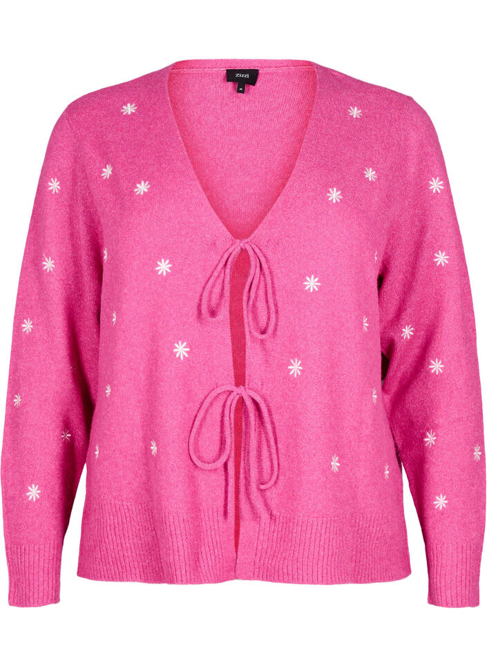Strikket cardigan med knytedetaljer og broderi, Raspberry Rose Comb, Packshot image number 0