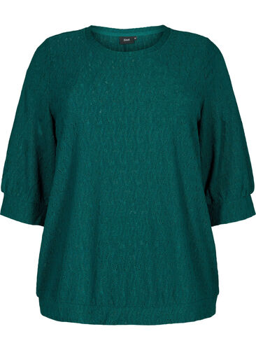 Bluse med 3/4-ermer og strukturmønster, Deep Teal, Packshot image number 0