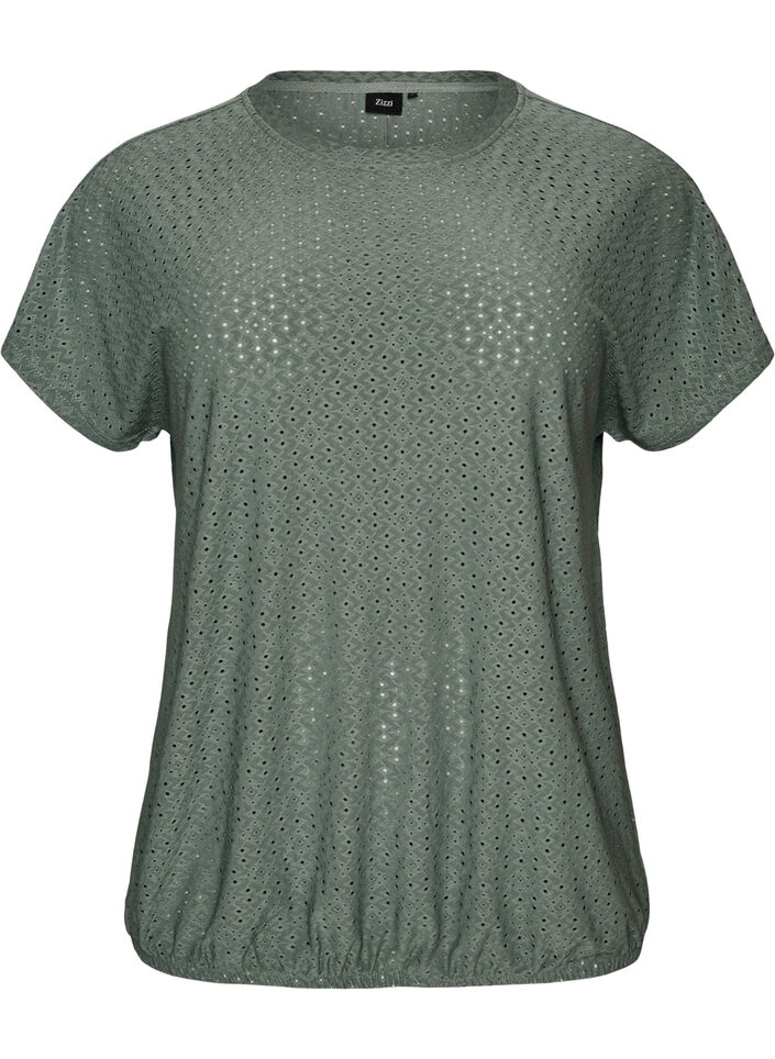 Bluse med hullbroderi og ballongeffekt, Gr&oslash;nn, Packshot image number 0