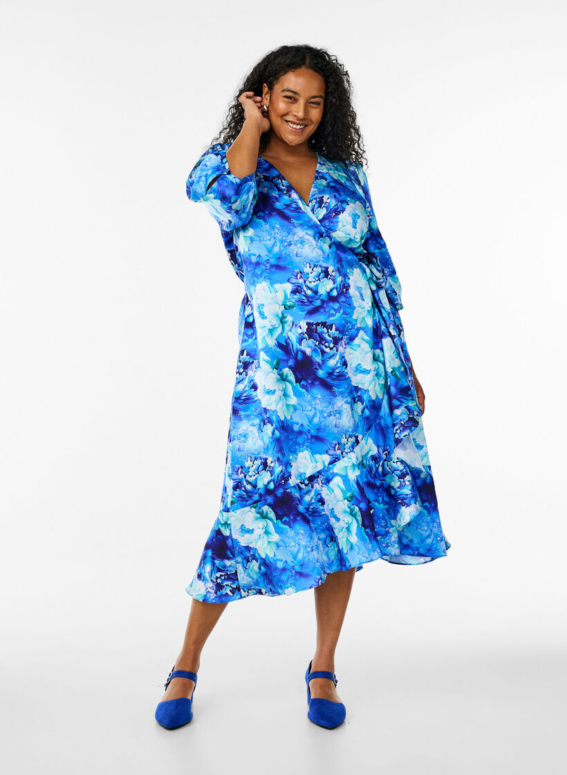 Blomstret omslagskjole med 3/4 ermer, Blå, Model image number 1