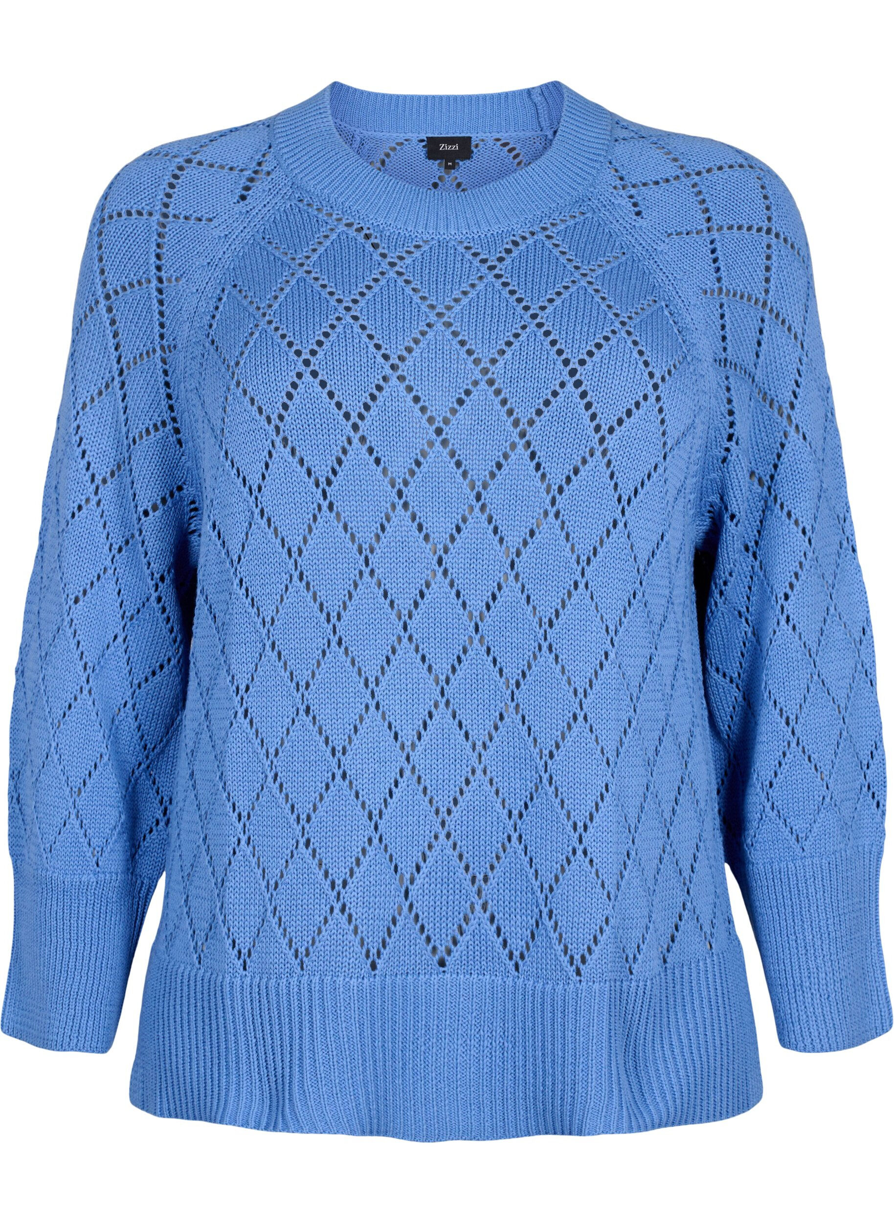 ZizziLangermet strikket bluse med hullm&oslash;nster, Blue Bonnet, Packshot image number 0