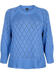 Langermet strikket bluse med hullmønster, Blue Bonnet