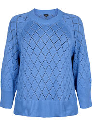 Langermet strikket bluse med hullmønster, Blue Bonnet