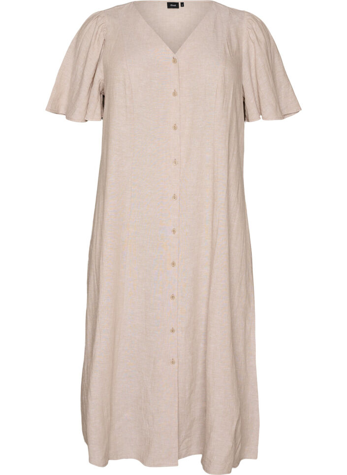 Midikjole i lin og viskose med volangermer, Beige, Packshot image number 0