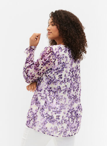 Blomstrete bluse med lange ermer og V-hals, Beige/Purple Flower, Model image number 1