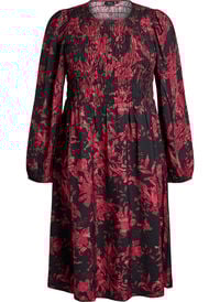 Blomstret kjole med smocket topp, Svart Blomstret kjole med smocket topp