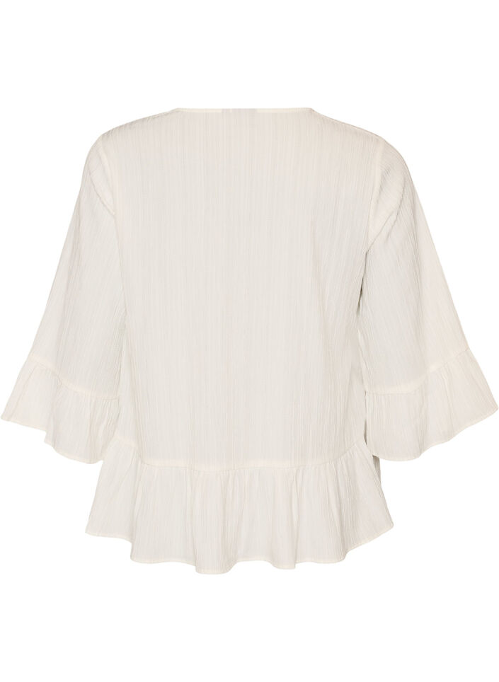 Bluse med tekstur, V-hals og rysjer, Vanilje, Packshot image number 1