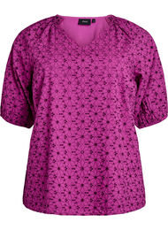 Bluse med brodert blomster mønster, Vivid Viola